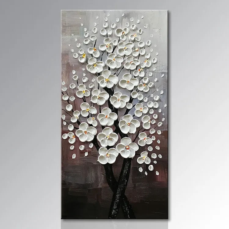 Pintura al óleo hecha a mano de la flor de la textura 3D en arte vertical de la pared de la lona